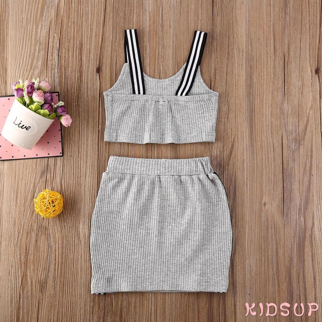 KIDSUP-Baby Girls Summer Clothes Set Sleeveless Ribbed Knit Camisole+Stripe Mini Skirts 2Pcs