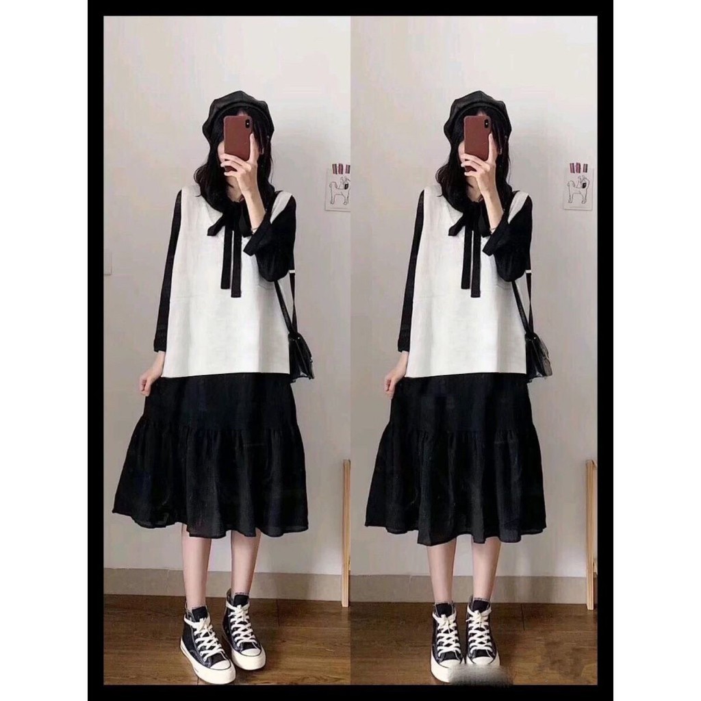 Đầm Babydoll Đuôi Cá Cổ Nơ Váy Nữ Trơn Tay Bồng 2 Màu | BigBuy360 - bigbuy360.vn