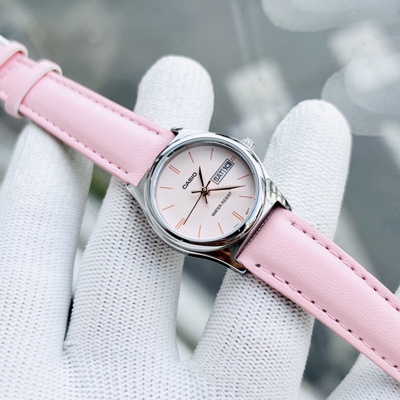 Đồng hồ Nữ Casio LTP-V006L-4B, đồng hồ chính hãng, dây da hồng trơn mặt trắng GẠCH nữ