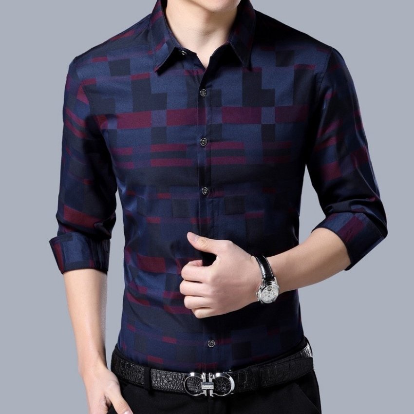 Áo sơ mi nam dài tay phối sọc ô 3D DT thời trang Erina cao cấp form áo chuẩn
