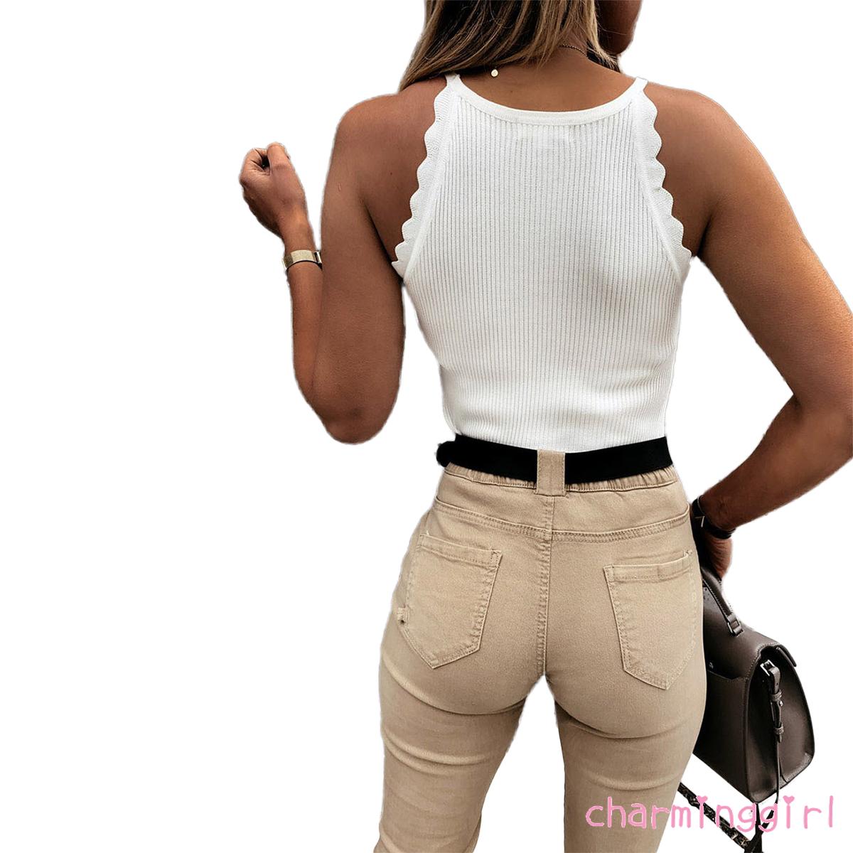 QAQ-Women´s Summer Sleeveless Vest Solid Color Rib Knit O-neck Lace Vest Camisole Ladies Sexy Fashion Slim Nightclub Wear | BigBuy360 - bigbuy360.vn