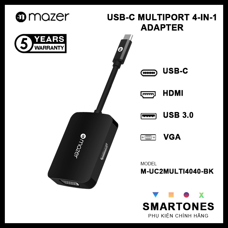 Cổng Chuyển Đổi Mazer USB-C 4-in-1 HUB hỗ trợ HDMI , VGA , USB 3.0 , Type C cho Laptop, Macbook, điện thoại, BH 5 Năm