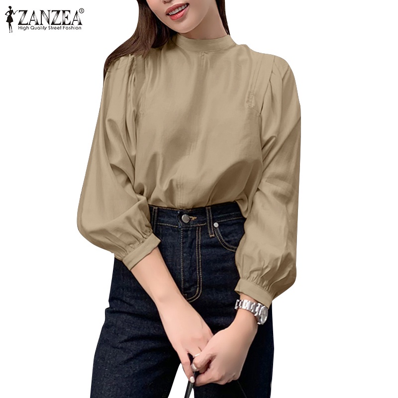 Áo sơ mi ZANZEA trơn cúc lưng cổ đứng tay phồng dài vintage