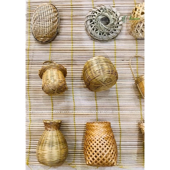 Phên tre/Mành tre trang trí - set 12 món mini trang trí dễ thương; Combo vật dụng đồng quê trang trí bằng tre; decor