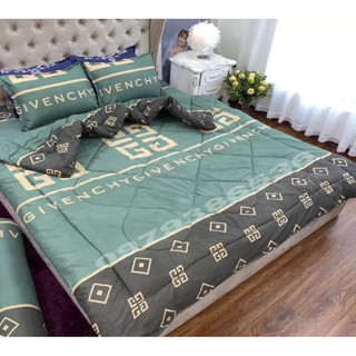 Bộ Chăn Ga Vỏ Gối 5 MÓn họa tiết GiVenChy Xanh Rêu gồm ( 1 Drap + 2 Vỏ Gối Nằm + 1 Chăn Hè + 1 Vỏ Gối Ôm )