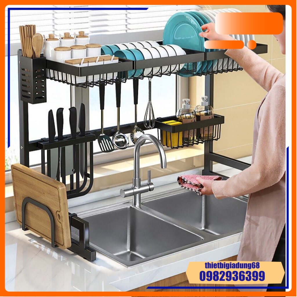 Giá Để Bát Đa Năng Kê Bồn Rửa Kèm Giá Để Đũa Dao Thớt, Treo Khăn, Đồ Rửa - Khung Thép Tĩnh Điện Chắc Chắn Bền Đẹp