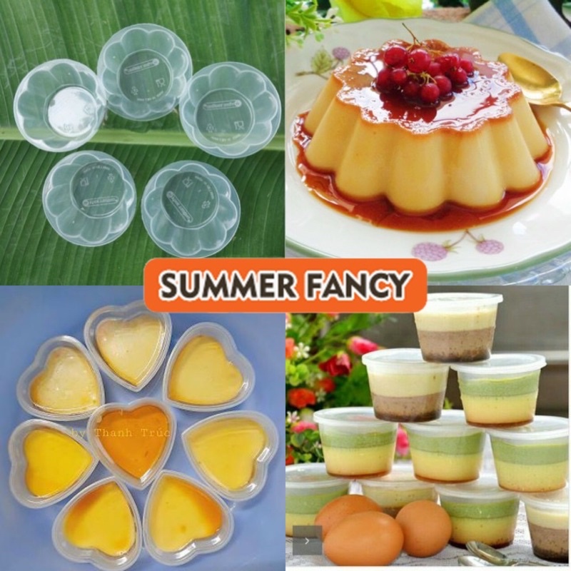 10 Khuôn flan trái tim, tròn, bông hoa có nắp bằng nhựa, bánh da bò tốt - có nắp đi kèm FLower Heart Flan Plastic mold