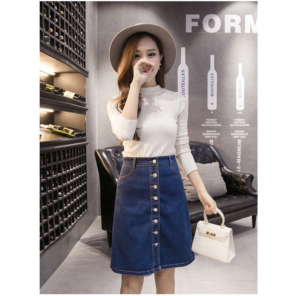 Chân váy jean chữ A ngang gối co giãn Quảng Châu size S - 3XL cho nữ CV107