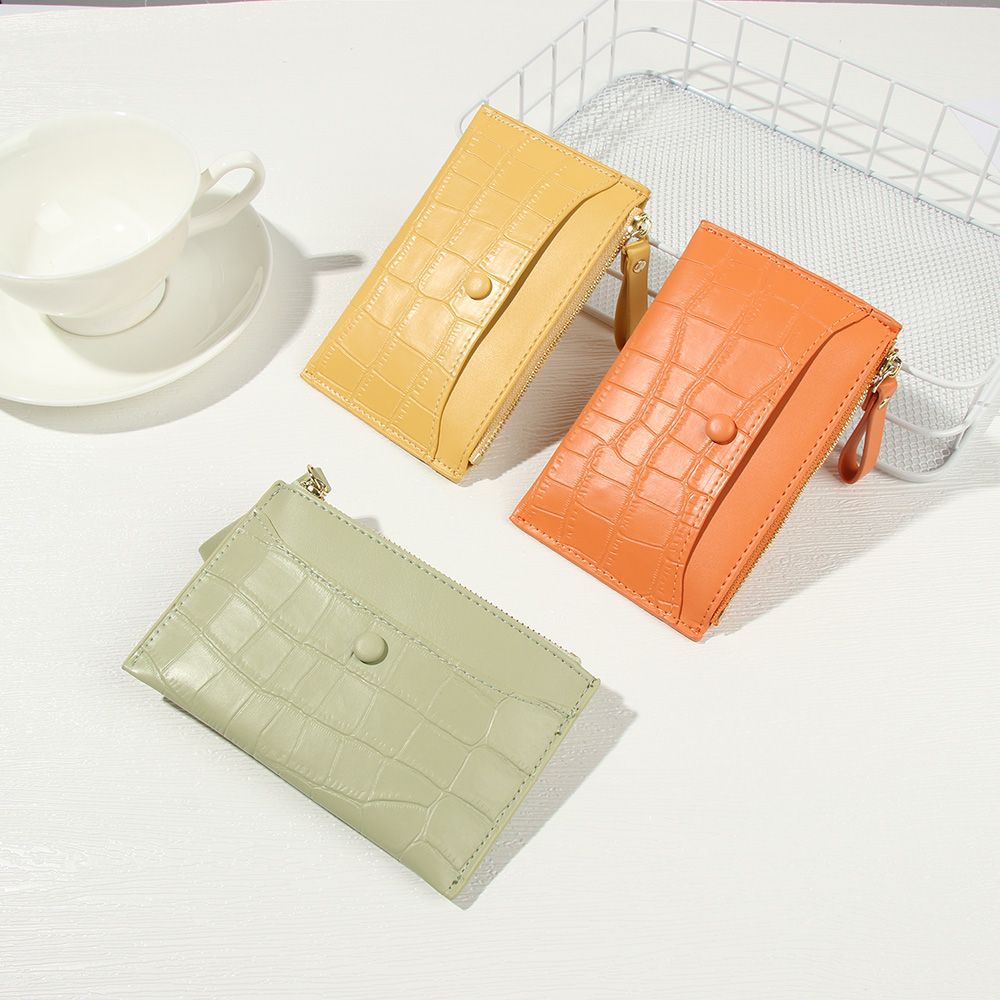 Ví da PU đựng thẻ ID/thẻ tín dụng/tiền xu có dây khóa kéo dáng mỏng họa tiết dễ thương mini màu sắc tùy chọn cho bạn nữ