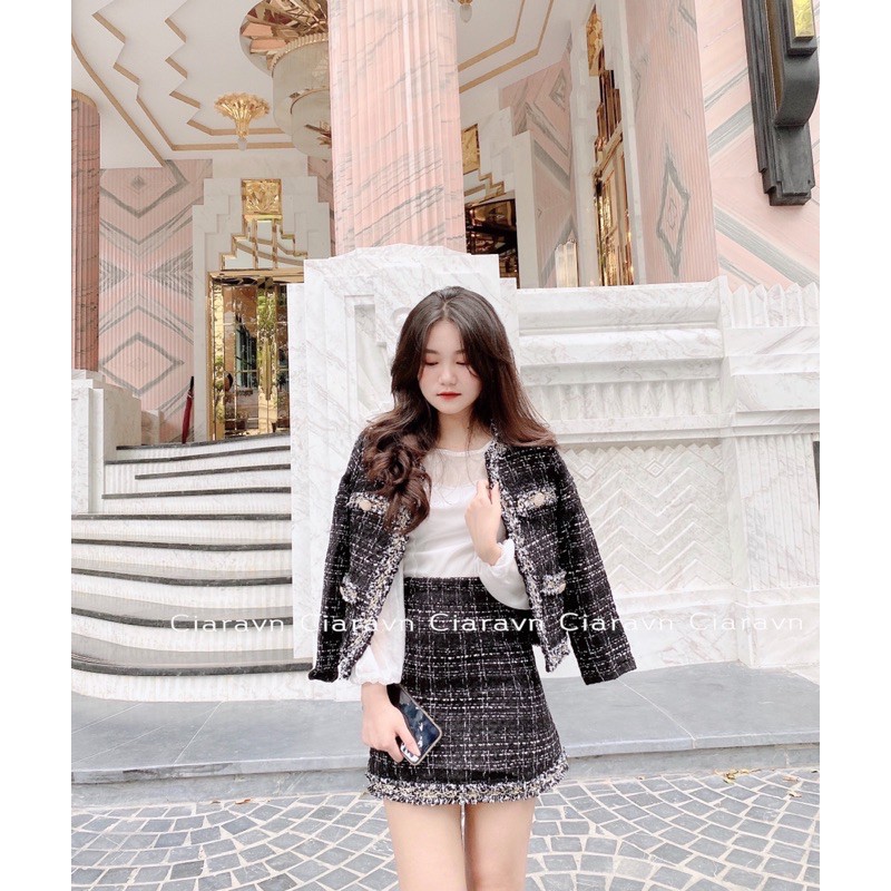 Set dạ tweed, áo voan (Đen/trắng)