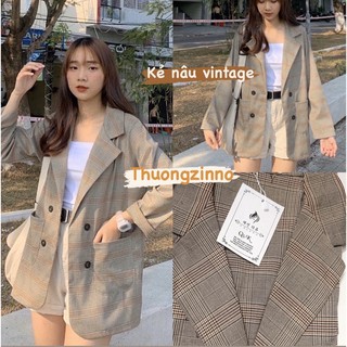 Áo Blazer Kẻ Nâu 4 cúc 1 lớp hàng dày dặn Áo blazer Hàn Quốc