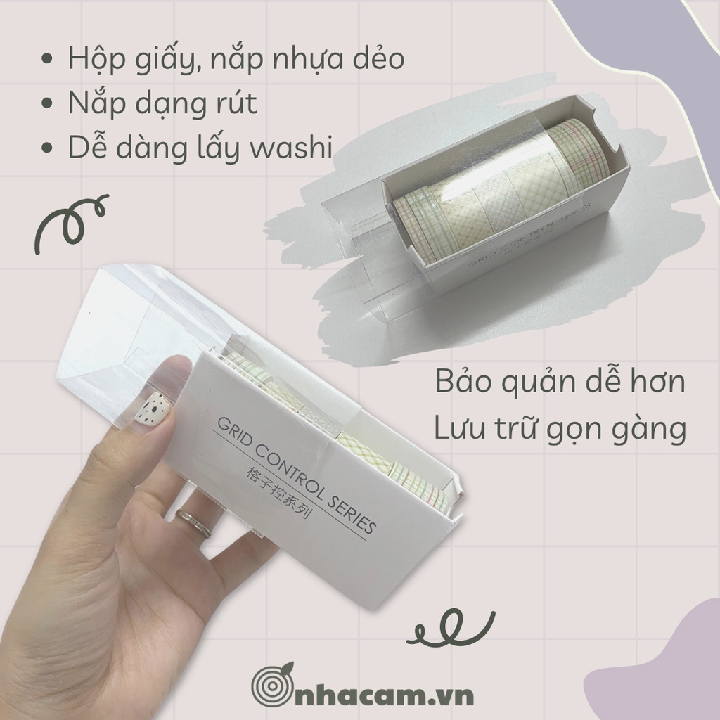 6 Cuộn] Washi Tape Caro Trang Trí Bullet Nhà Cam