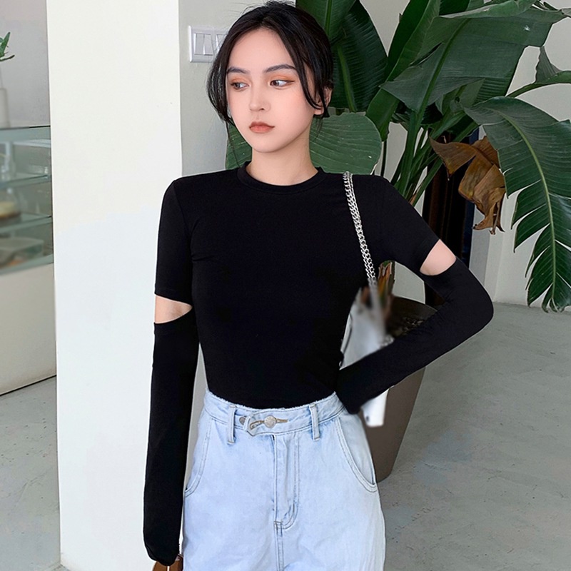 Áo thun tay dài cổ tròn màu trơn thời trang cho nữ