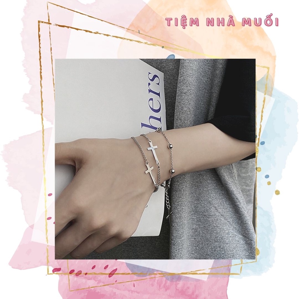 Vòng tay xích, lắc tay xích bạc Unisex cá tính hình thánh giá, bộ 2 vòng riêng biệt