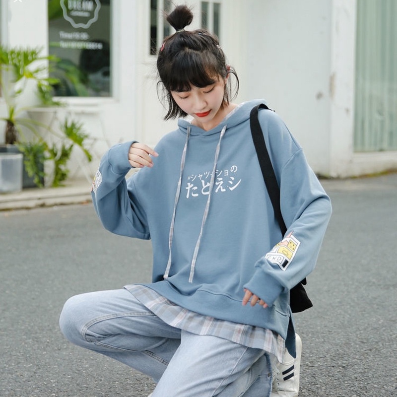 Áo hoodie IELGY dáng rộng dài tay họa tiết kẻ sọc thời trang Nhật Bản cho nữ