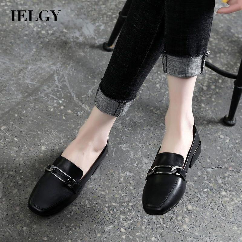 Giày IELGY bằng da mềm mũi vuông phong cách Anh Quốc cho nữ