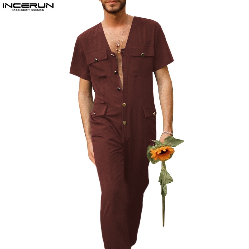 Áo liền quần INCERUN ngắn tay cổ chữ V màu trơn phối hàng nút thời trang cho nam