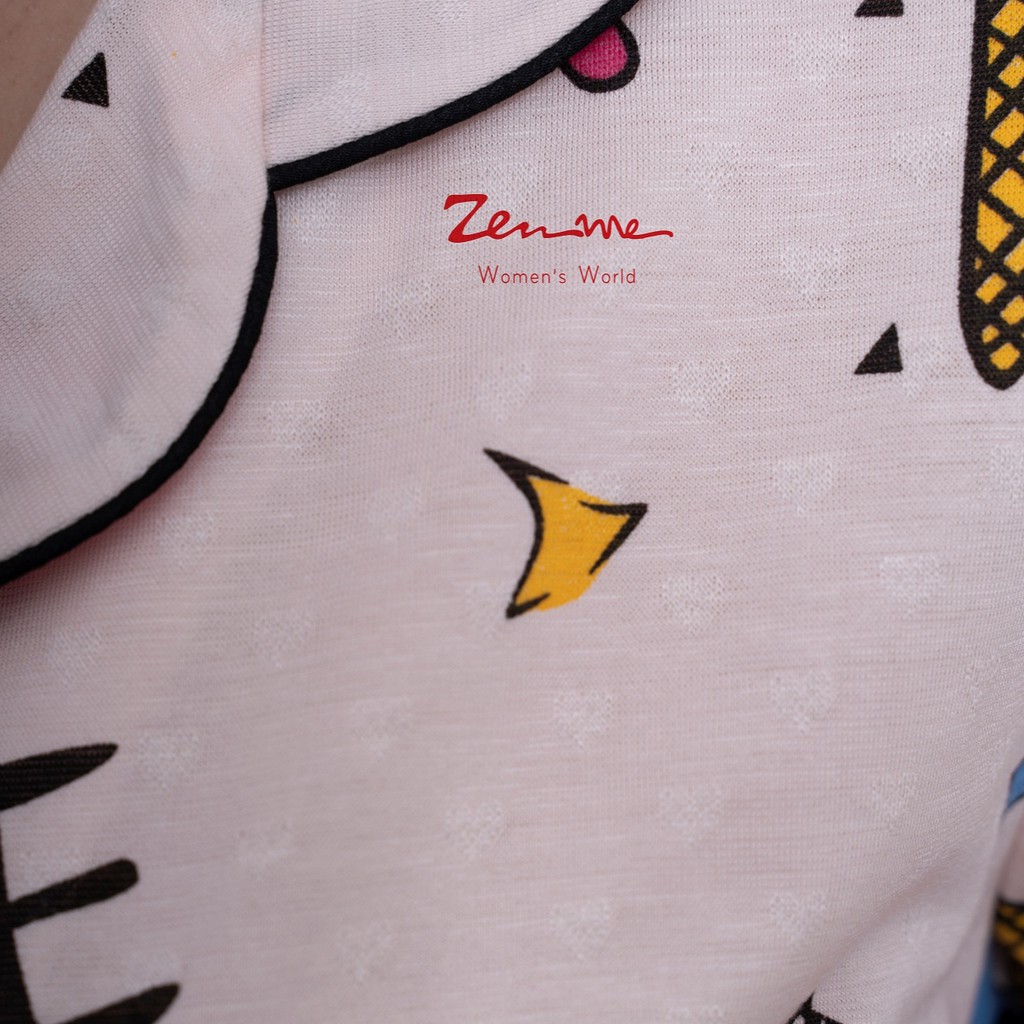 Đồ bộ nữ Zen Me pijama mặc nhà tay cộc quần đùi chất liệu chuẩn cotton họa tiết cá voi kem dễ thương