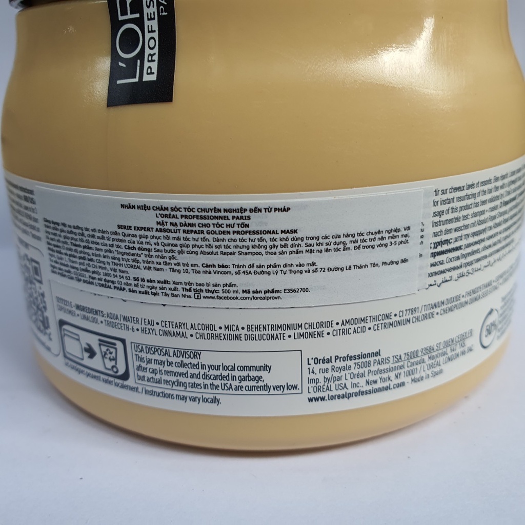 Dầu hấp Loreal Professionnel nhũ vàng phục hồi hư tổn toàn diện Absolut Repair Golden 500ml-250ml