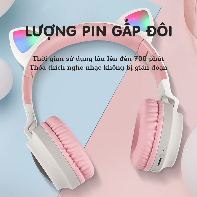 Tai nghe Bluetooth chụp tai Cát Thái BT028C thiết kế tai mèo cực kỳ dễ thương, chuyển màu RGB, âm thanh bass trầm