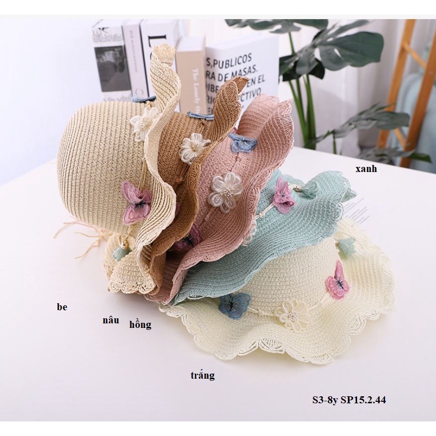A23 Mũ cho bé/ Mũ cói đi biển cho bé gái/ Mũ cói vành rộng đính hình dễ thương,chống nắng cho bé  S3-6y