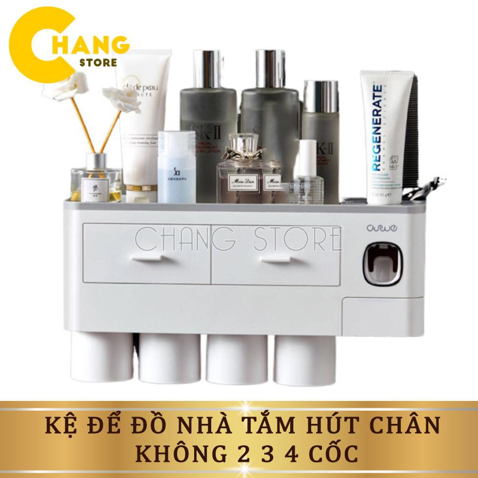 Bộ nhả kem đánh răng tự động cao cấp phân loại 2, 3, 4 cốc, Kệ để đồ nhà tắm hút chân không chắc chắn