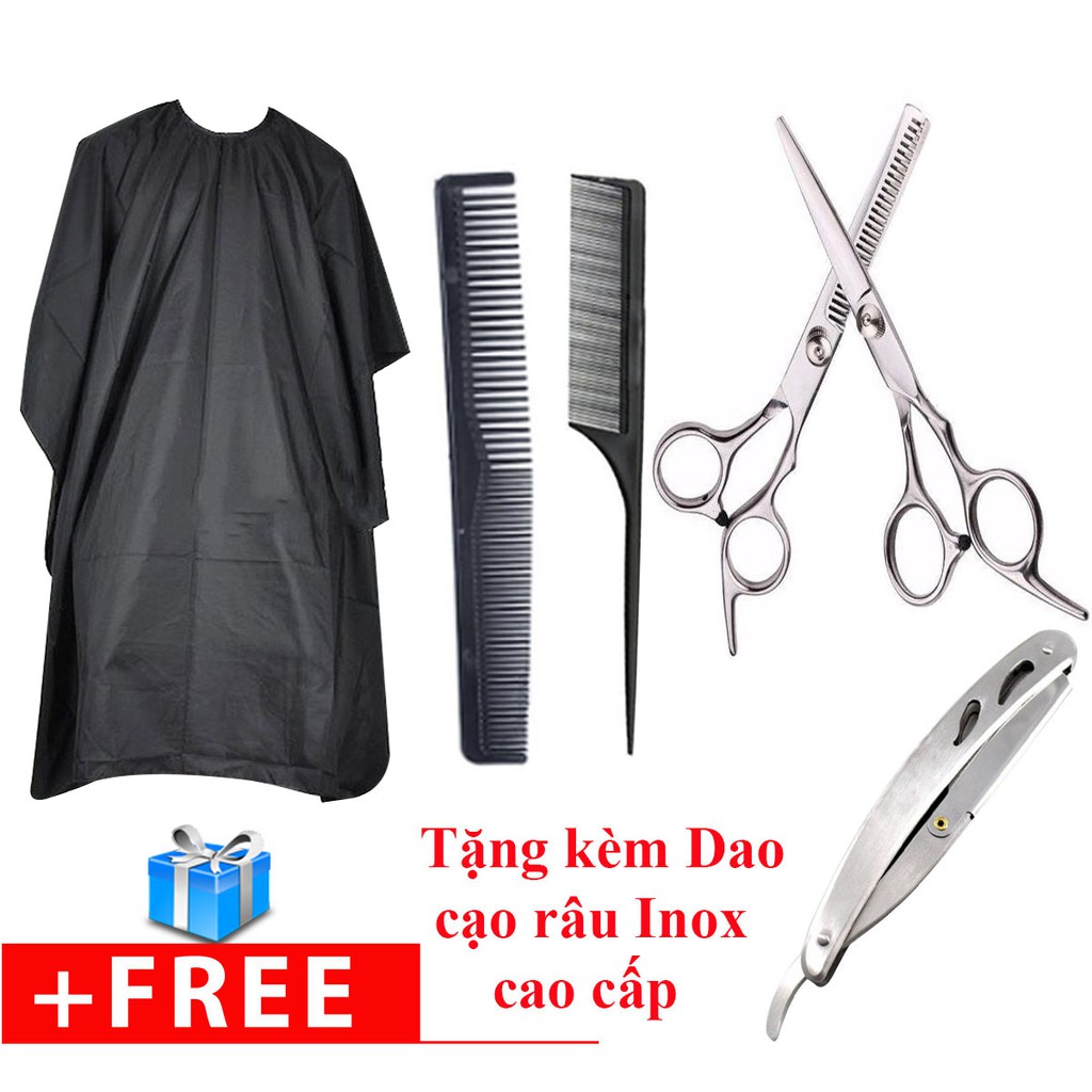 Combo Bộ kéo cắt tóc tại nhà (2 kéo + 2 lược + áo choàng + dao cạo)