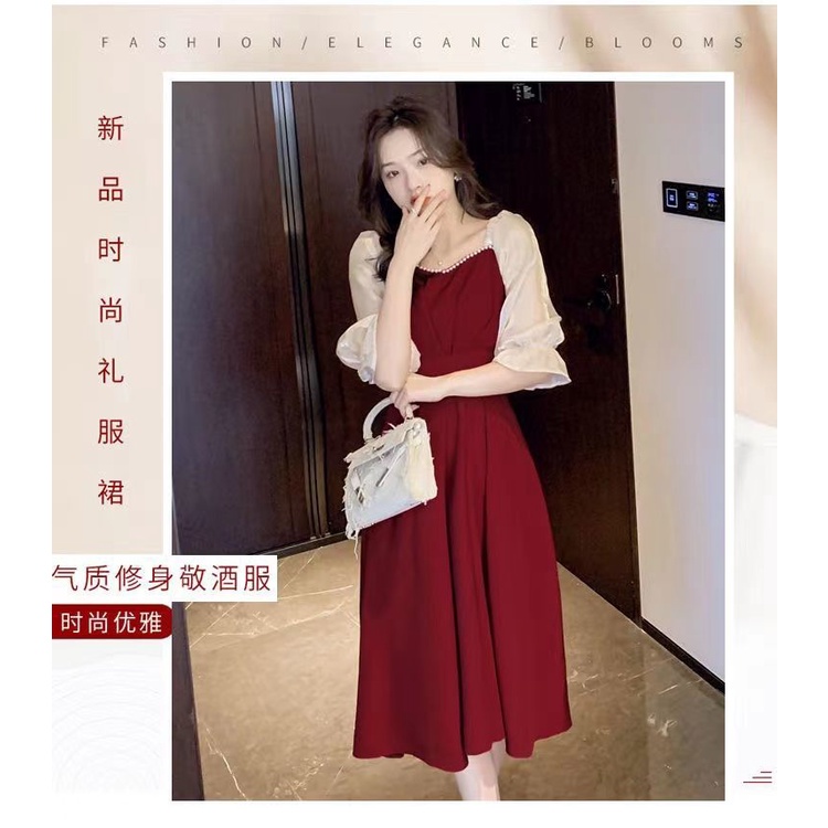 Đầm chữ A cổ vuông tay ngắn thắt eo mỏng phong cách Pháp dài vừa và dài cho nữ