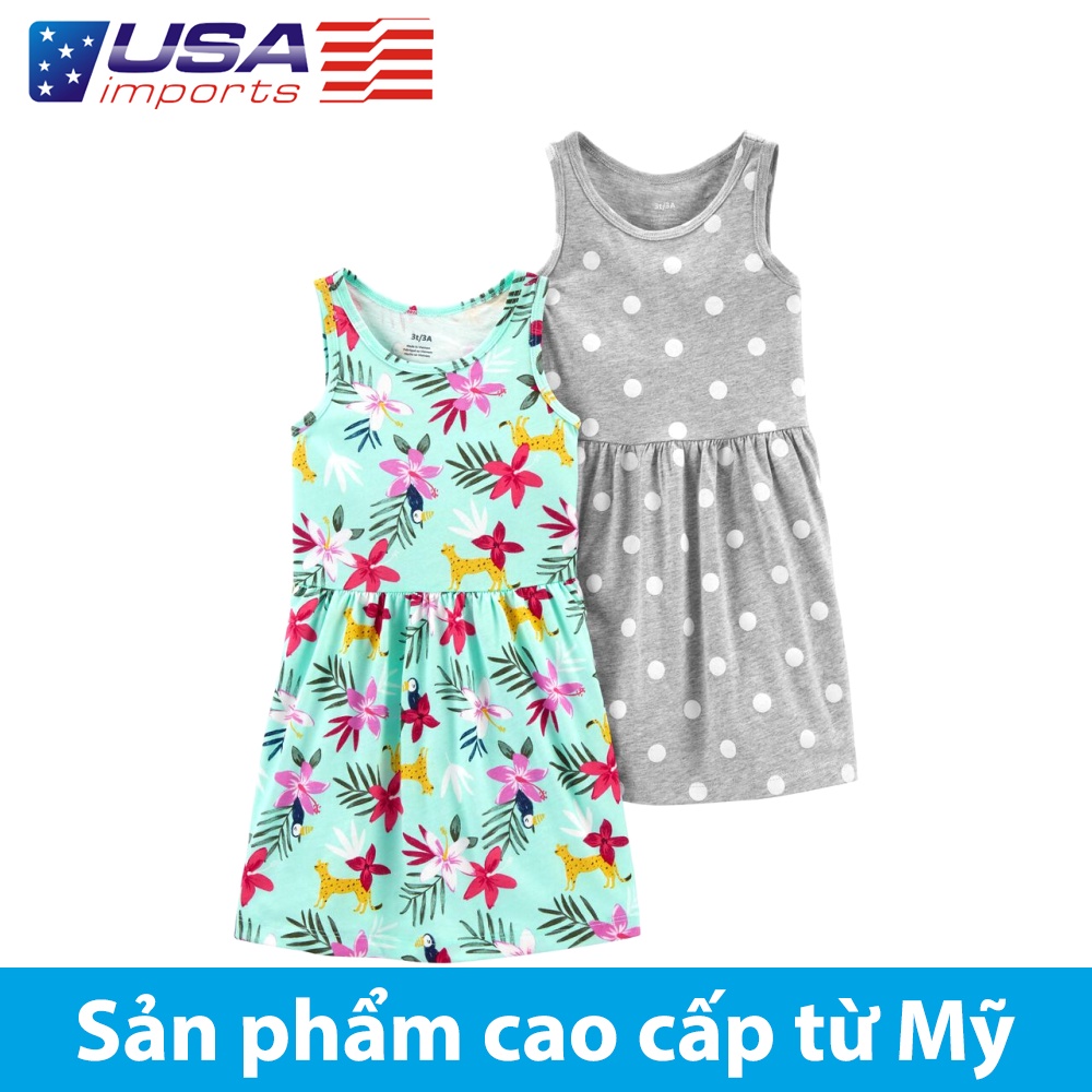 Set 2 đầm thun cotton sát nách bé gái xám bi và hoạ tiết hoa Car-tờ Auth Từ Mỹ (2L878710)