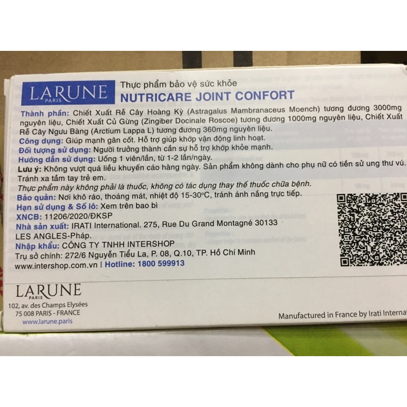 Nutricare Joint Confort Larune Paris – Giảm Đau Nhức Xương Khớp Giúp Vận Động Dễ Dàng,Ngăn Ngừa Thoái Hóa Sụn Khớp (pháp