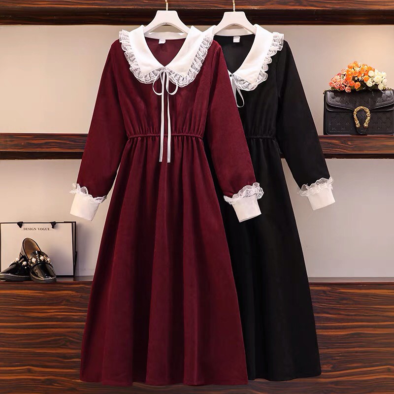 Váy Đỏ Tết Tiểu Thư Đầm noel đỏ Tay Dài Dáng Dài Chữ A Cổ Ren Bèo Ulzzang Sang Chảnh Xiaozhainv vn 24 K-27