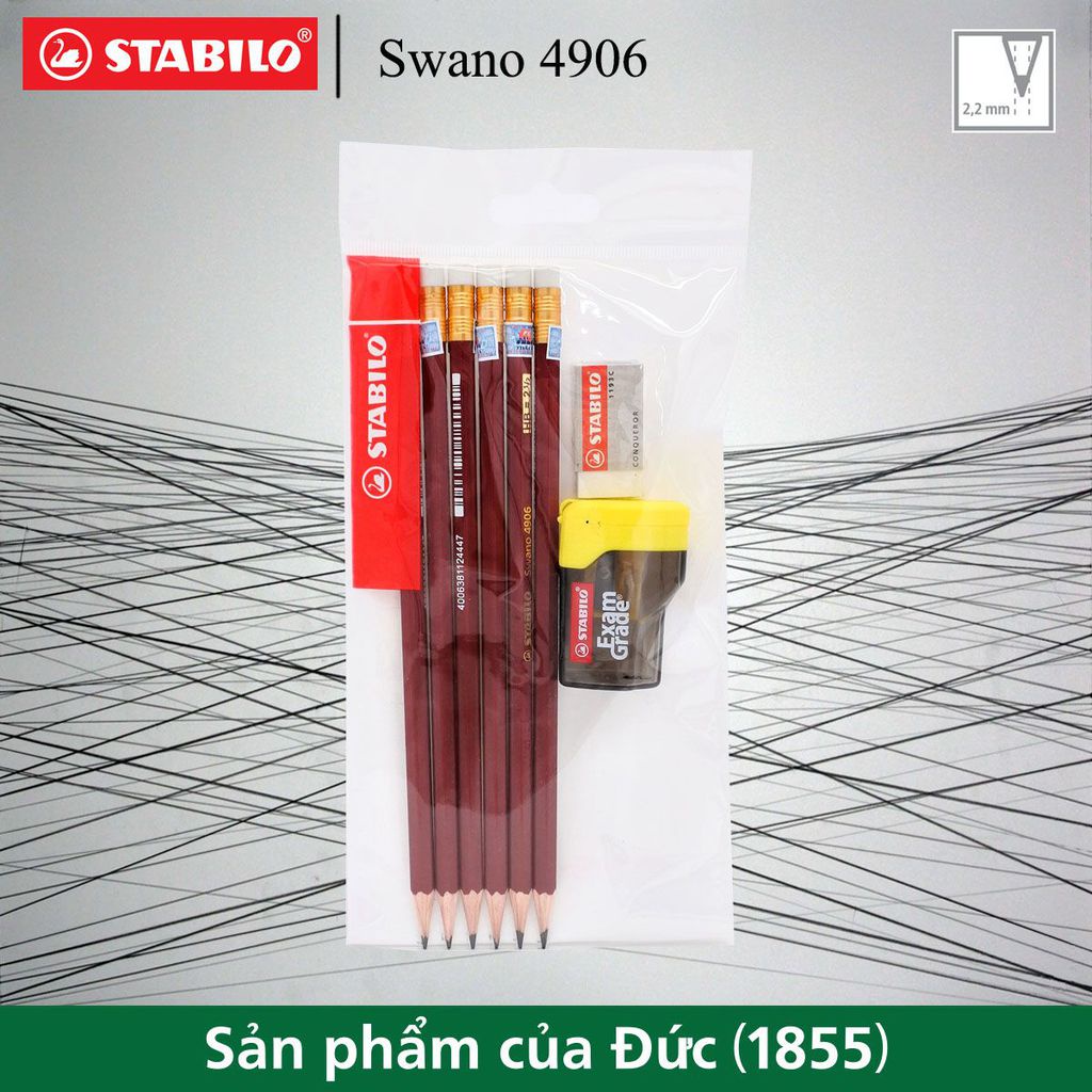 Combo 6 bút chì thân gỗ STABILO Swano 4906 2B (có đầu tẩy) + chuốt chì PS4538 + tẩy ER193