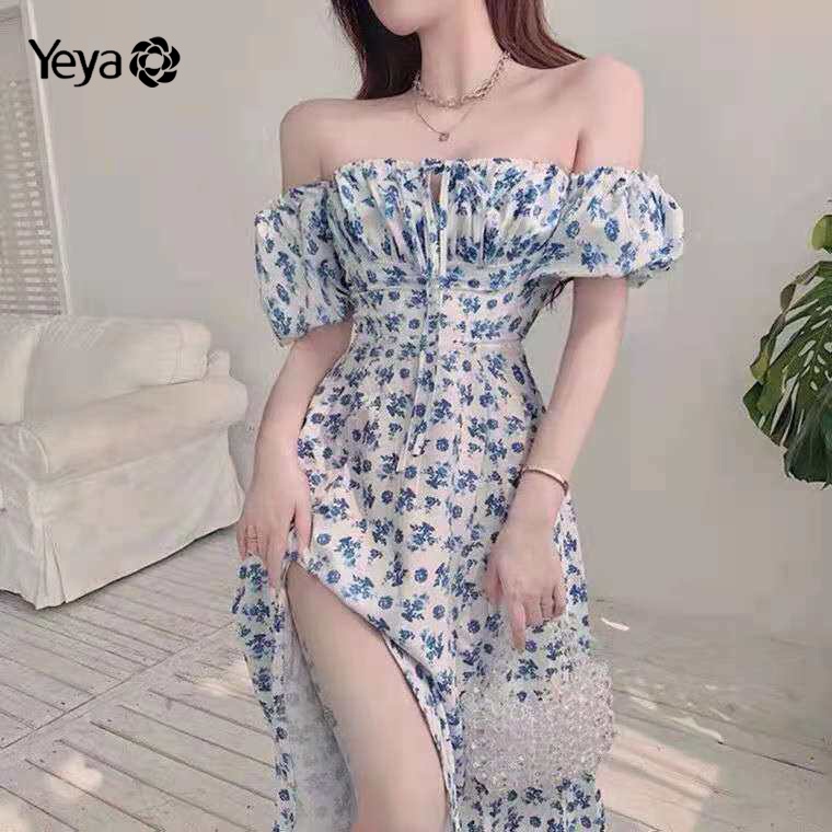 Đầm YEYA cổ vuông dáng rộng xẻ tà in họa tiết hoa phong cách Hàn Quốc thiết kế thời trang xinh xắn cho nữ