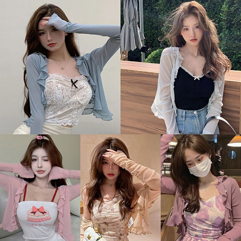 Áo Cardigan Dệt Kim Tay Dài Cổ Chữ V Màu Trơn Phong Cách Hàn Quốc Thời Trang Mùa Hè Cho Nữ