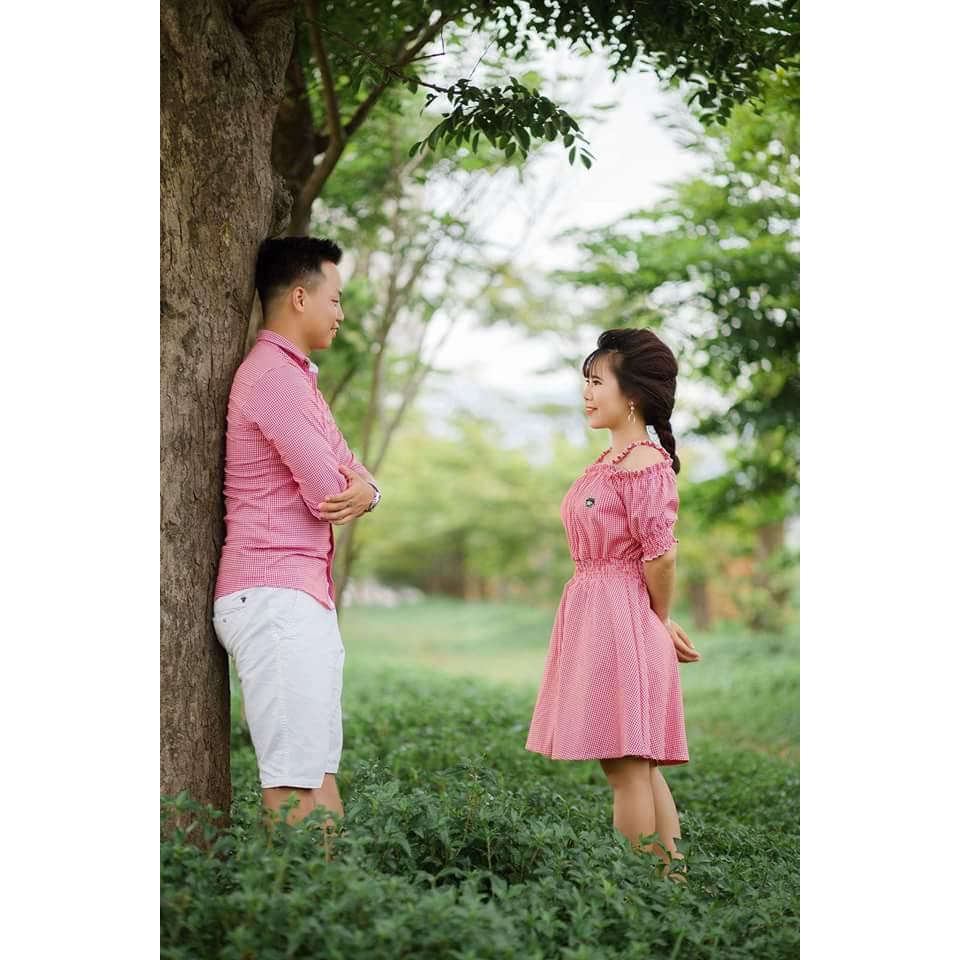 Áo váy đôi sơ mi dễ thương chụp ảnh đi biển caro đỏ nhún eo AV40