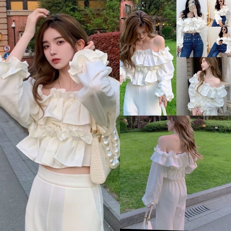 [Ảnh thật/Video]Áo trễ vai bèo xếp tầng MiCHI Áo trễ vai công chúa