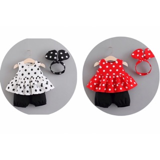 Bộ bé gái áo chấm bi, quần bo gấu kèm turban