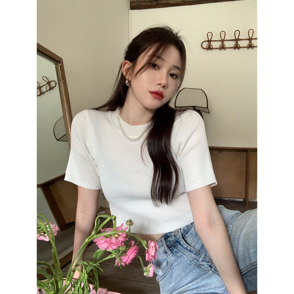 Áo Dệt Kim Tay Ngắn Dáng Ôm Phong Cách Hàn Quốc Thời Trang Cho Nữ