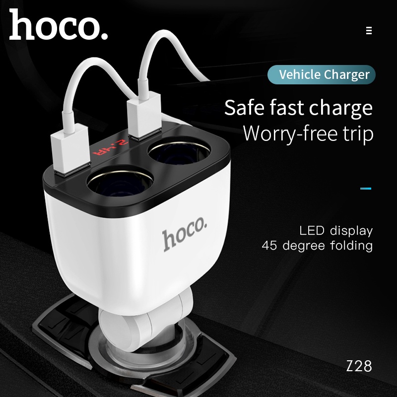 Tẩu sạc HOCO.Z28 160W cổng cắm USB kép với màn hình LED hiển thị có thể xoay 45 độ cho xe hơi