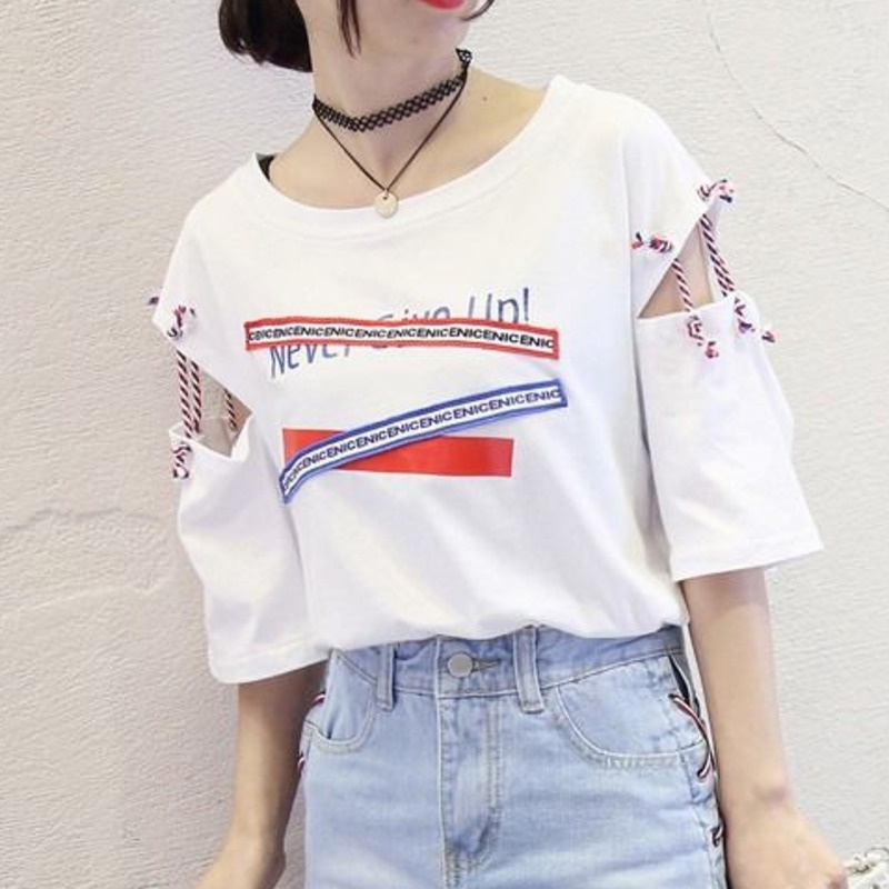 Áo Thun Tay Ngắn Phối Dây Ruy Băng Độc Đáo 162623 Áo Thun Cổ Tròn Dáng Rộng Trễ Vai Theo Phong Cách Preppy