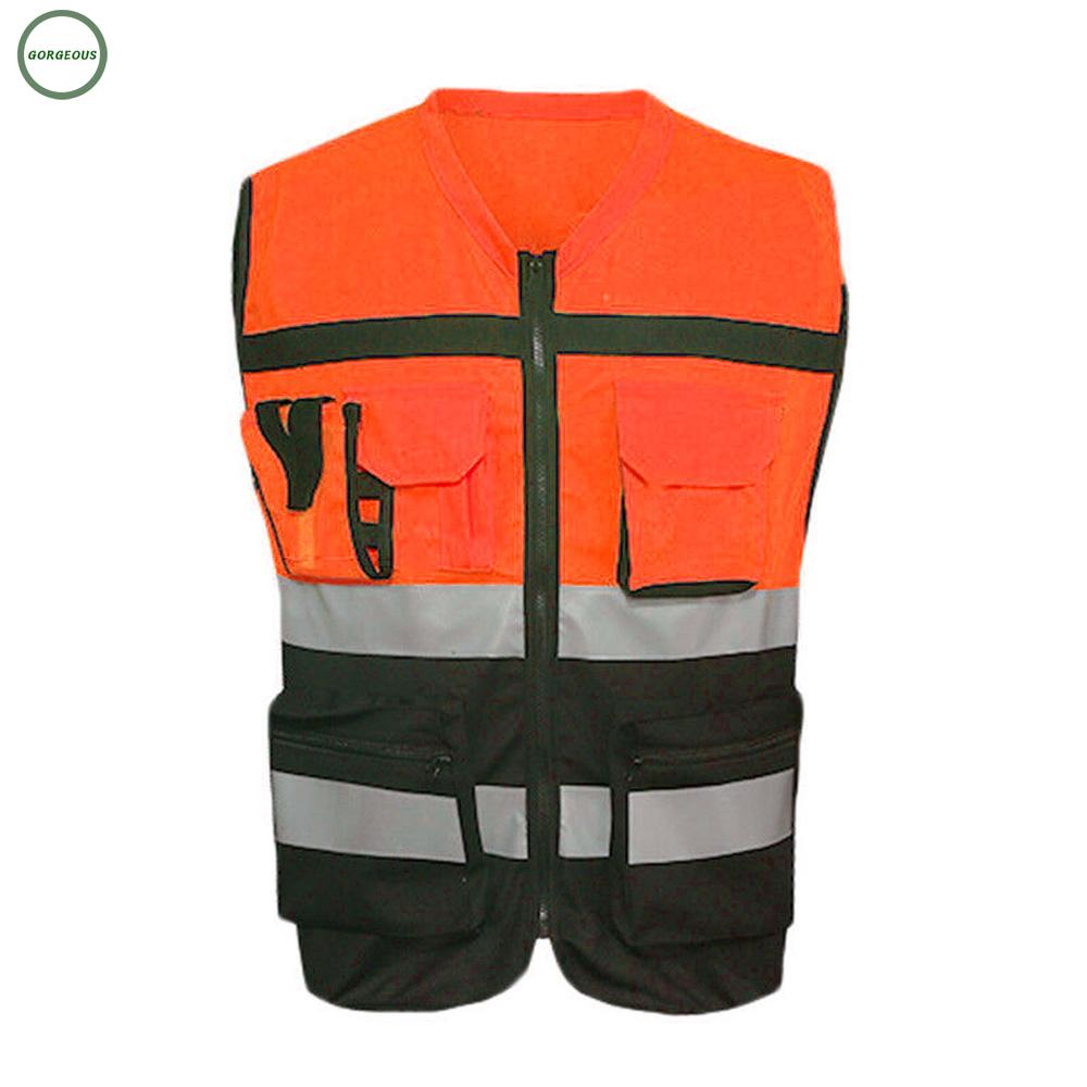 Men Hi-Vis Safety Vest Reflective Tape Jacket Multi Pocket Security Waistcoat