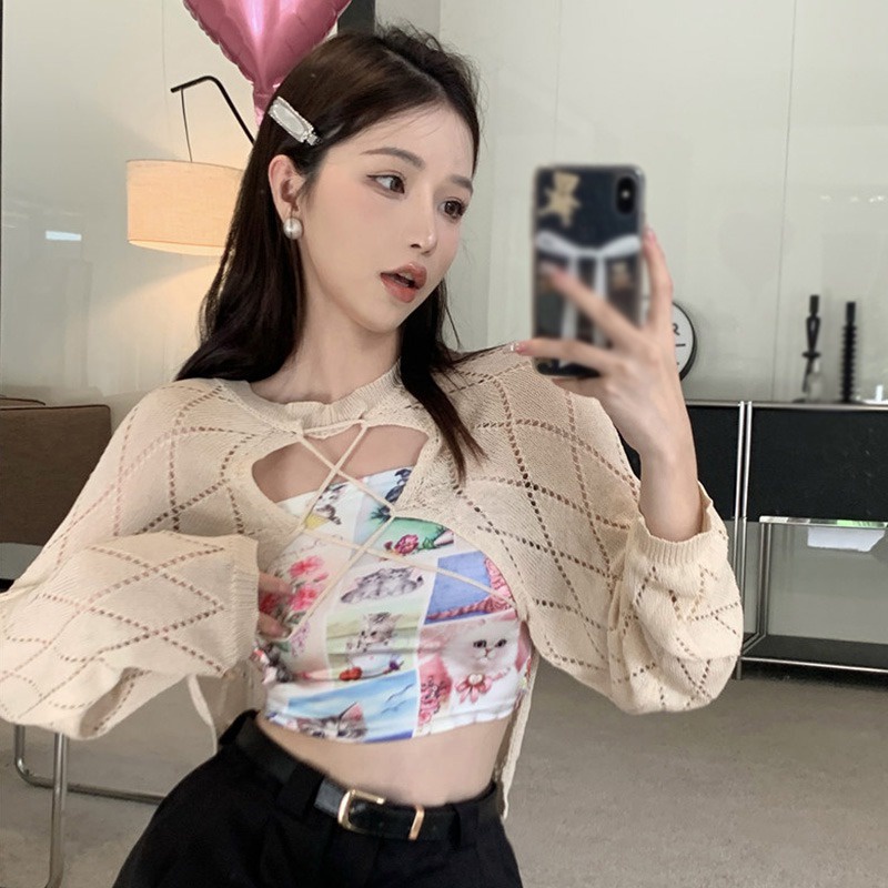 Bộ Áo Croptop Không Tay In Họa Tiết + Áo Dệt Kim Tay Dài Màu Trơn Thời Trang Cho Nữ