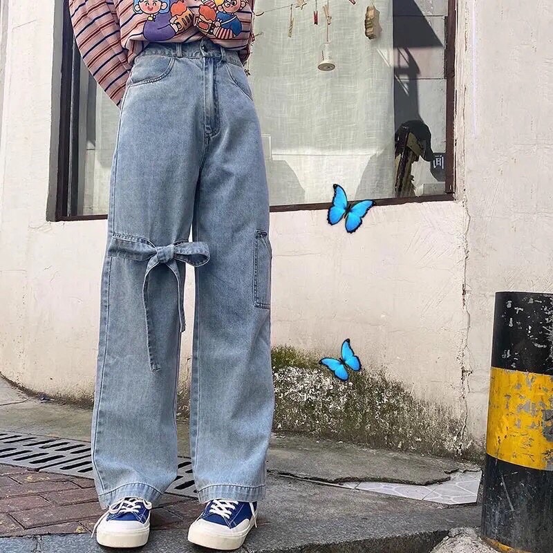 Quần Jeans Phối Dây Thắt Nơ Ống Rộng Ulzzang