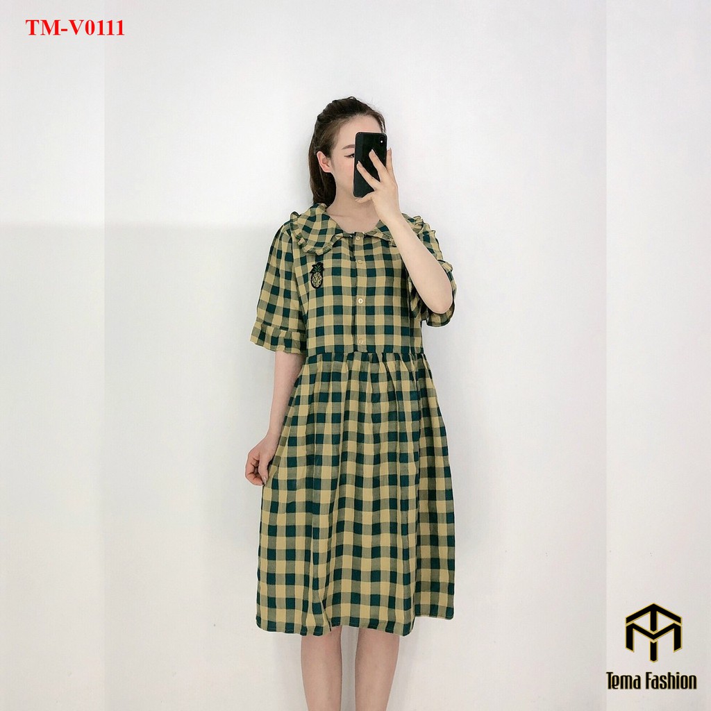Đầm bigsize MIA - Váy bầu chất cotton mát kẻ caro dáng dài cổ sen siêu xinh