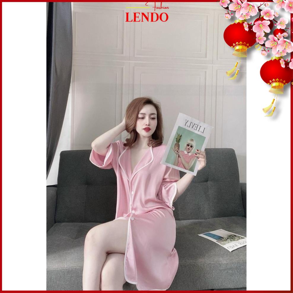 Đầm Ngủ Lụa LENDO,Váy Sơ Mi Mặc Nhà Ngủ Tay Lở Dáng Suông Vải Mát Thời Trang Nữ Dưới 70kg Nhiều Màu Viền Màu .