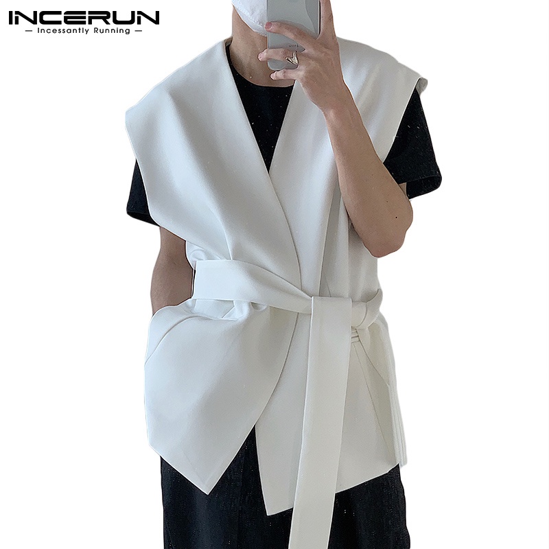 Áo Khoác Cardigan Incerun Không Dây Mỏng Màu Trắng / Đen Trơn Eo Buộc Dây Thời Trang Cho Nam - SIÊU HOT
