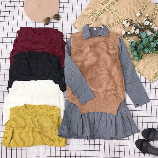 Set đầm sơmi+áo len