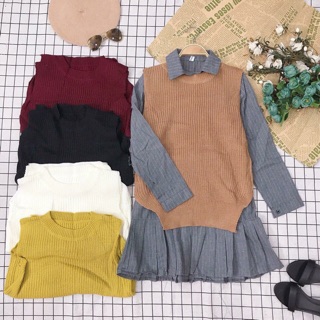 Set đầm sơmi+áo len