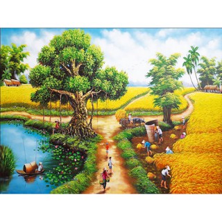Tranh dán tường làng quê Việt Nam - VẢI LỤA  phủ kim sa (kích thước theo yêu cầu)