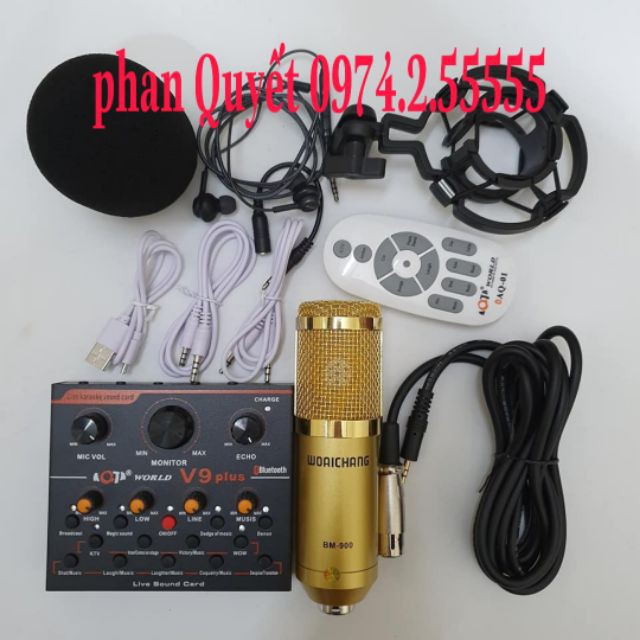 combo bộ míc thu âm livestream hát karaoke online micro woaichang BM900 card v9 PULS bluetooth tặng tai nghe BTQ(92)